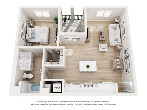 A 3D floor plan of a house with a living room, kitchen, and two bedrooms.